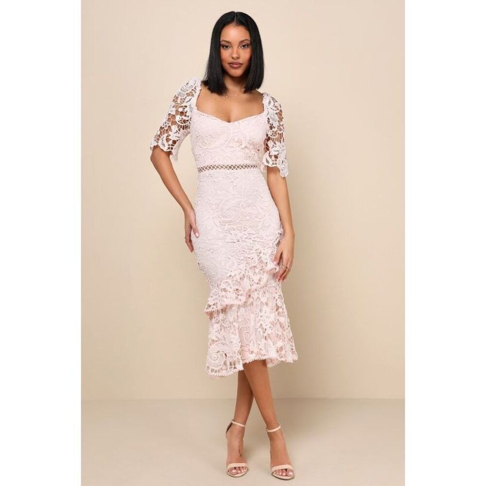 Lulus Briarwood Blush Pink Lace Short-Sleeve Trumpet Hem Ruffled Midi Dress - Picture 1 of 17